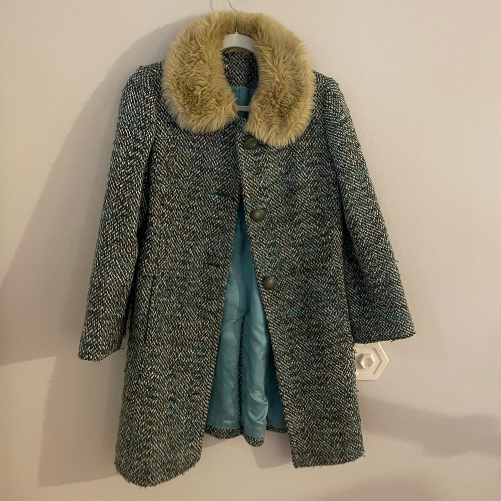 Vintage 60s Teal Tweed Fur Collar Peacoat